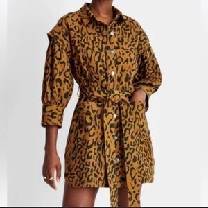 Future Collective Womens Brown Leopard Collared Button Up Shirt Dress Size 24/26